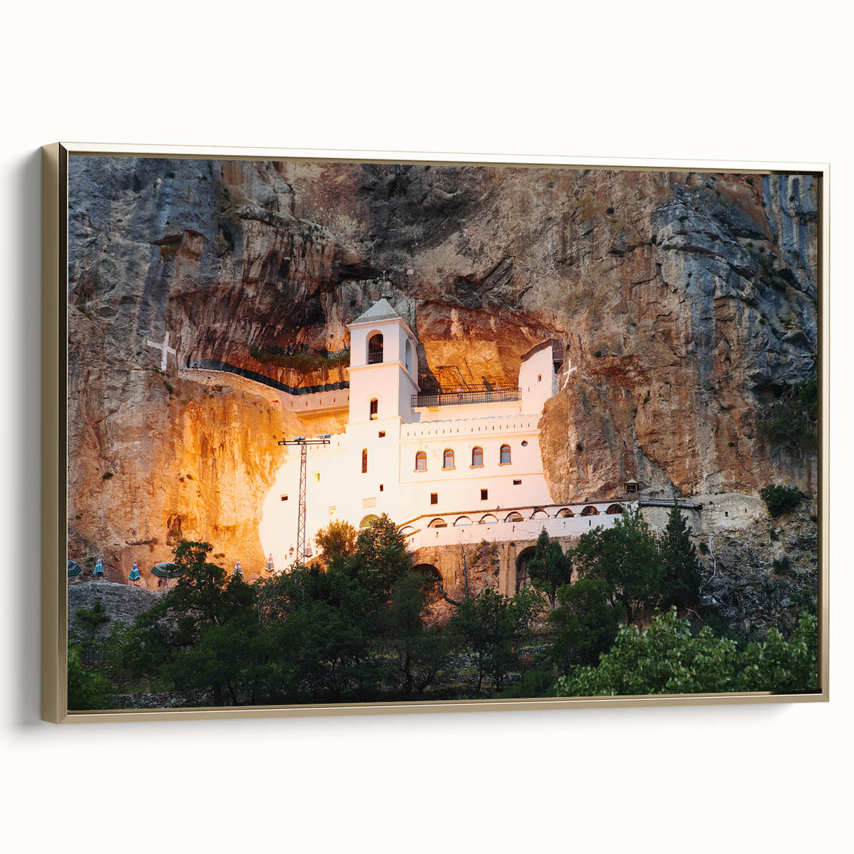 Framed canvas featuring a vintage-style landscape painting of Montenegro, with muted earth tones, ideal for bedroom wall art.