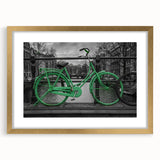 Abstract art print of Amsterdam scenery in muted earth tones on a gold-framed mat, suitable for dining room decor.