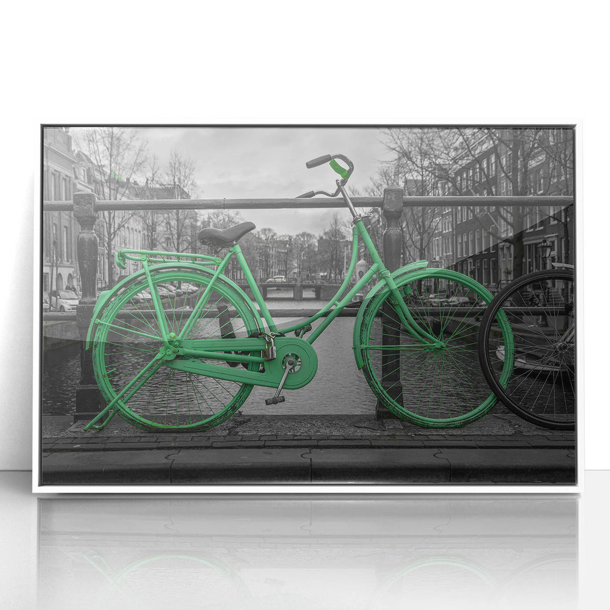 Mid-century modernist art depicting Amsterdam scenery in muted colors on a framed acrylic, suitable for nursery wall decor.