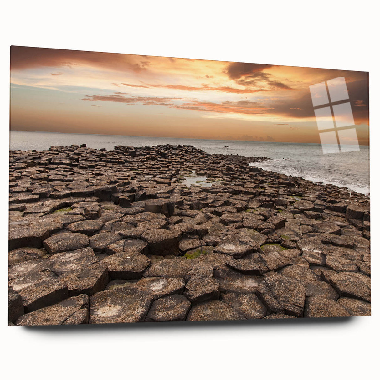 Acrylic print of a Northern Ireland landscape in muted green and blue tones, ideal for bedroom or dining room decor.
