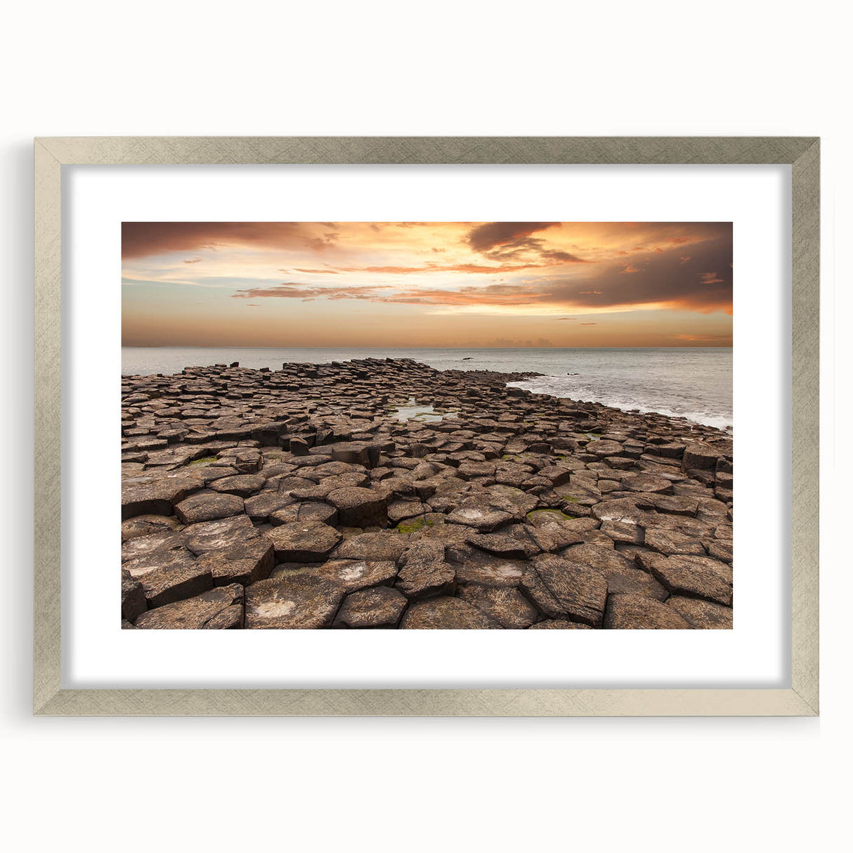 Extra large framed abstract art print depicting a textured scenery of Northern Ireland in muted earth tones.