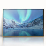 Art deco poster of a Norwegian landscape in muted gold and green tones, framed acrylic, ideal for modern art wall decor.