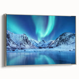 Framed canvas featuring a vintage-style landscape painting of a Norwegian scene.