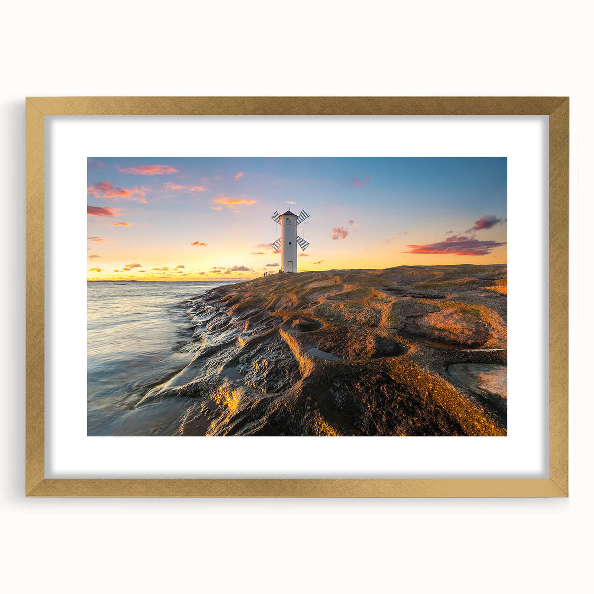 Abstract art print of a European scenery in muted gold and green tones, framed with a mat, suitable for dining room decor.