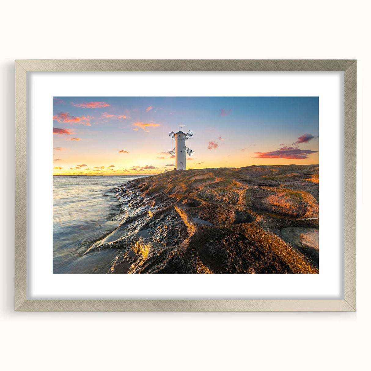 Extra large abstract art print of a textured European scenery in muted earth tones, framed in silver.