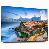 Large acrylic print of a Lisbon cityscape in muted gray and blue tones, ideal for bedroom or dining room art.