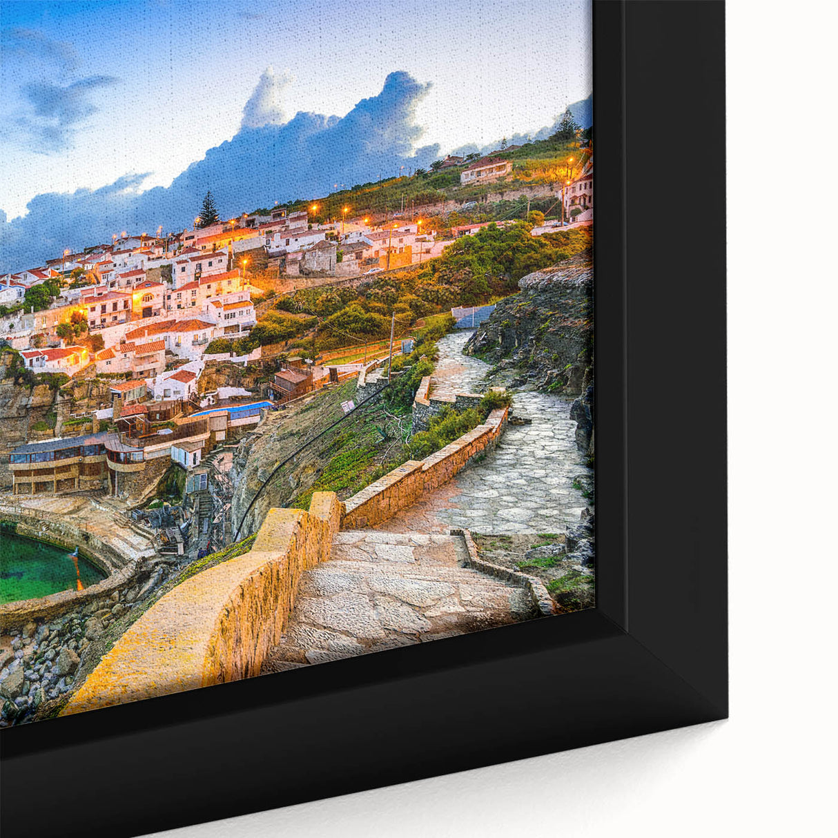 Black wall art featuring a textured, colorful Lisbon cityscape on an extra large framed canvas, ideal for living room decor.