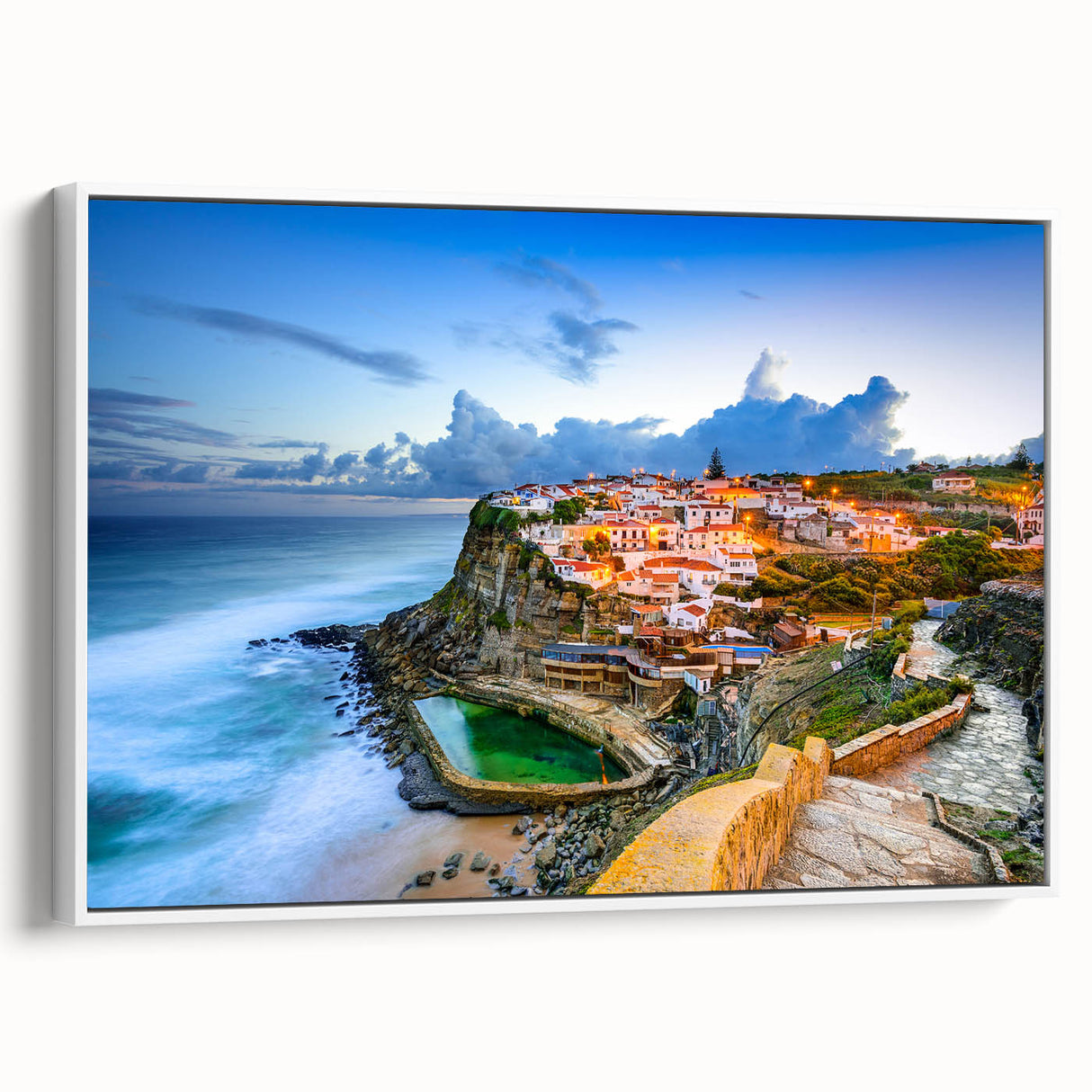 Vintage poster art of Lisbon in colorful tones on a large framed canvas, suitable for living room decor.