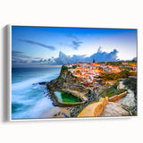 Vintage poster art of Lisbon in colorful tones on a large framed canvas, suitable for living room decor.
