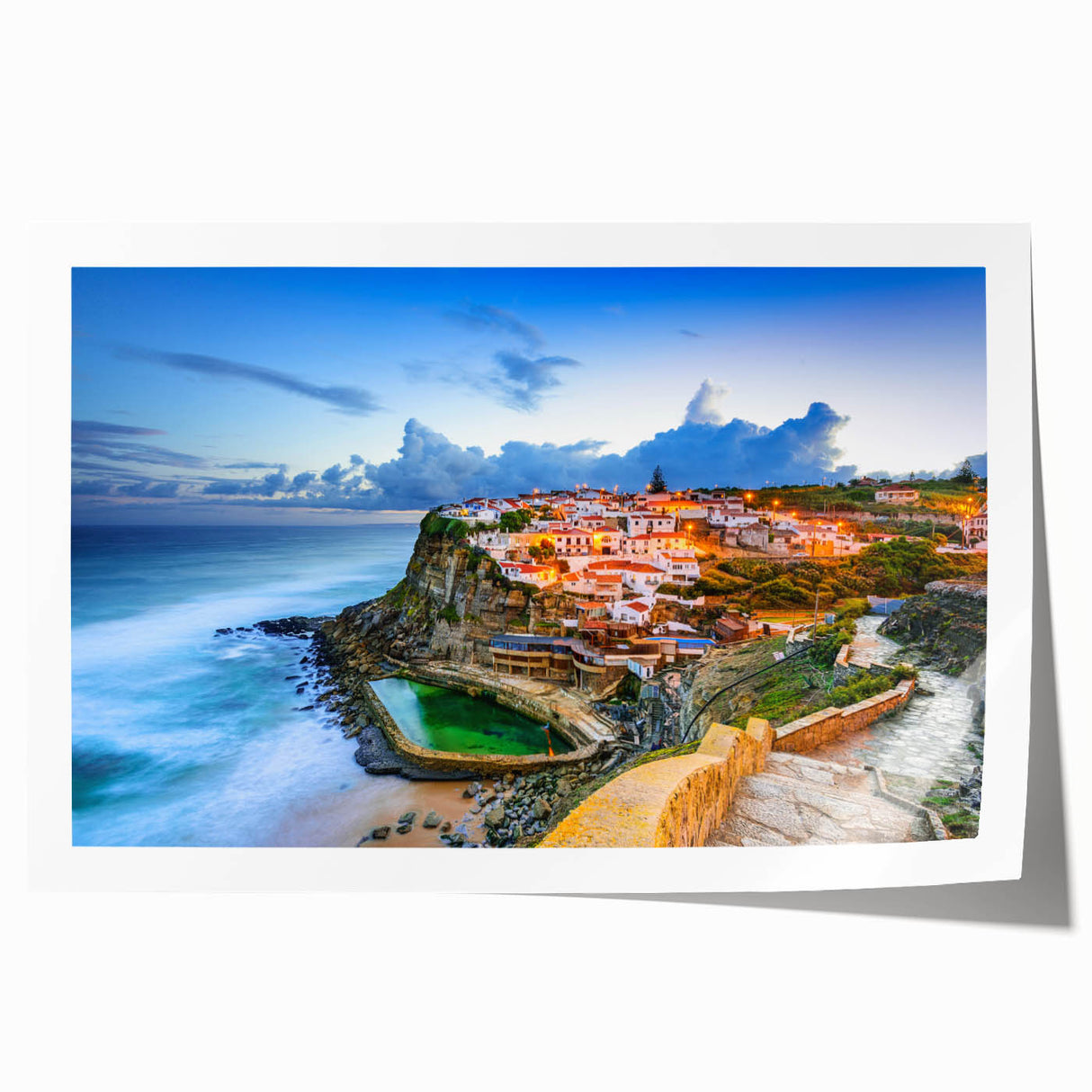Rolled print of Lisbon scenery with vibrant floral elements, ideal for art wall dining room.