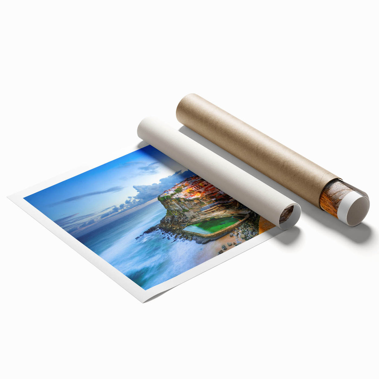 Extra large rolled print of Lisbon scenery with floral accents in soft pastel shades.