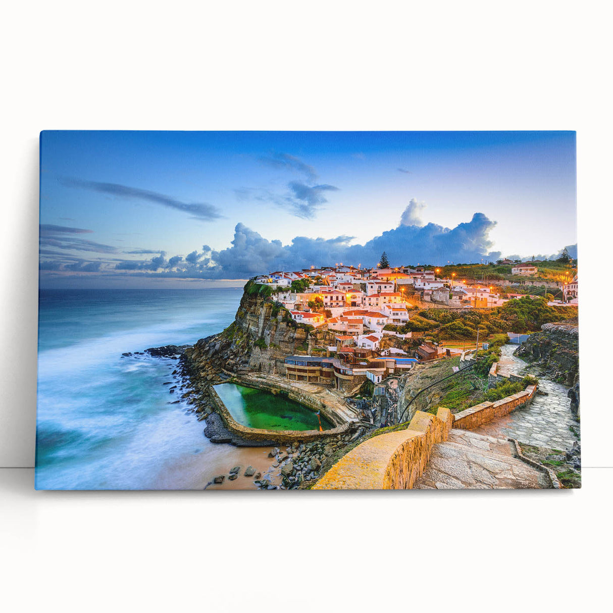 Black and white photograph of Lisbon on stretched canvas, ideal for kitchen wall art.