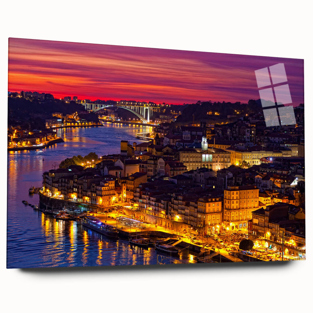 Acrylic print of Porto, Portugal with vibrant twilight hues, ideal for bedroom or dining room art.