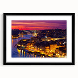 Abstract art print of Porto cityscape with vibrant, colorful textures on a large framed canvas, ideal for living room decor.