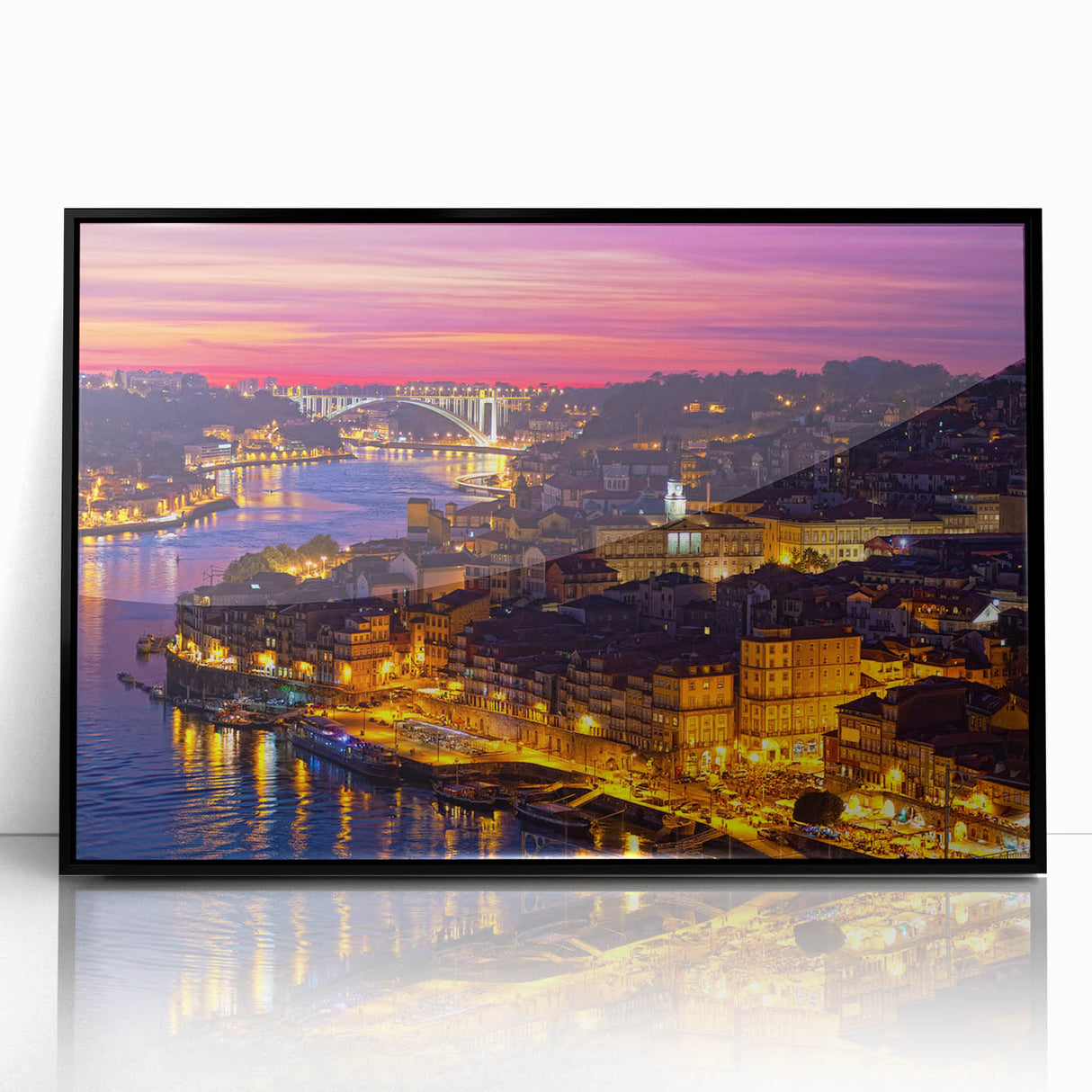 Large abstract wall art depicting Porto, Portugal in muted gray and blue tones on a framed acrylic.