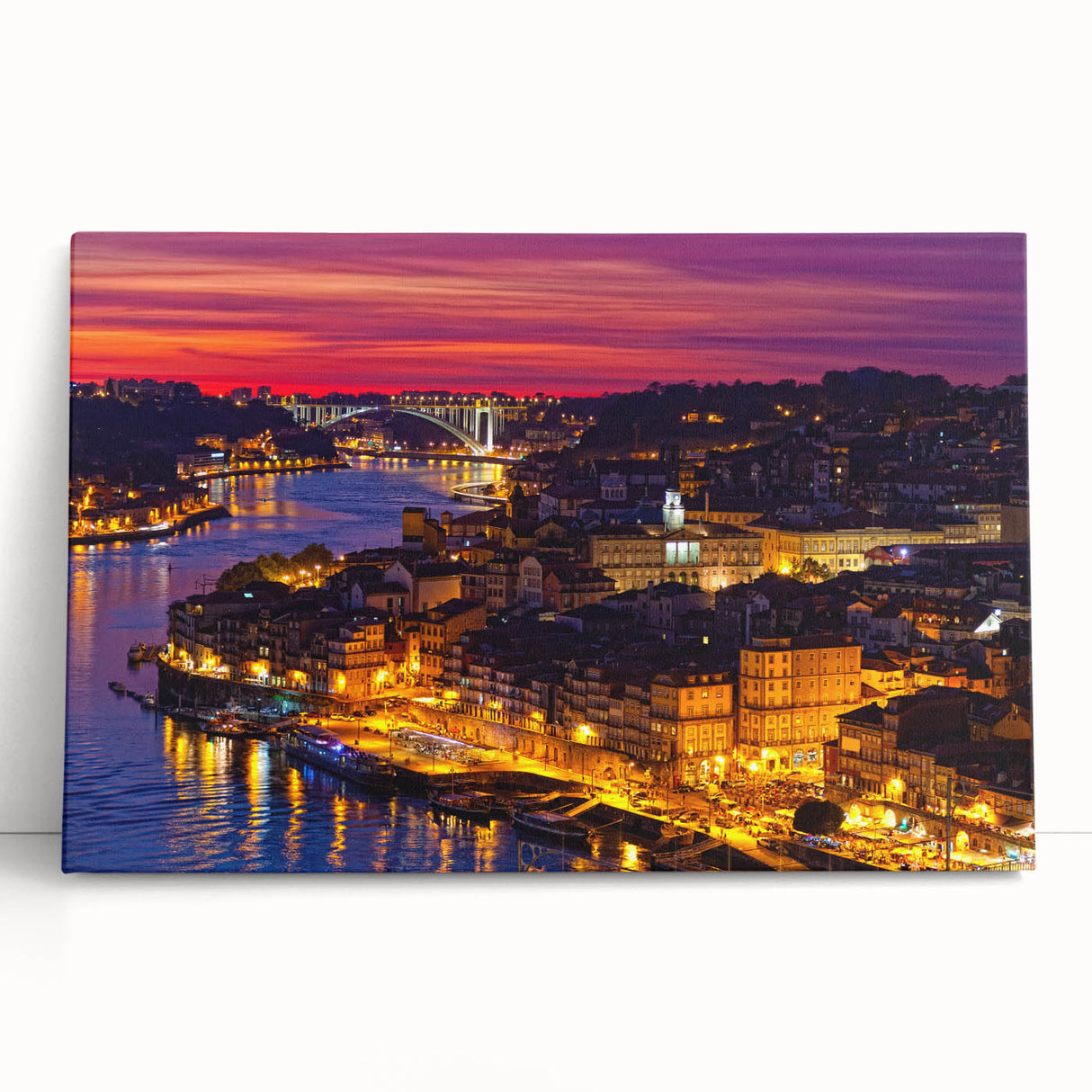 Black and white stretched canvas of Porto, Portugal cityscape, ideal for kitchen wall art.