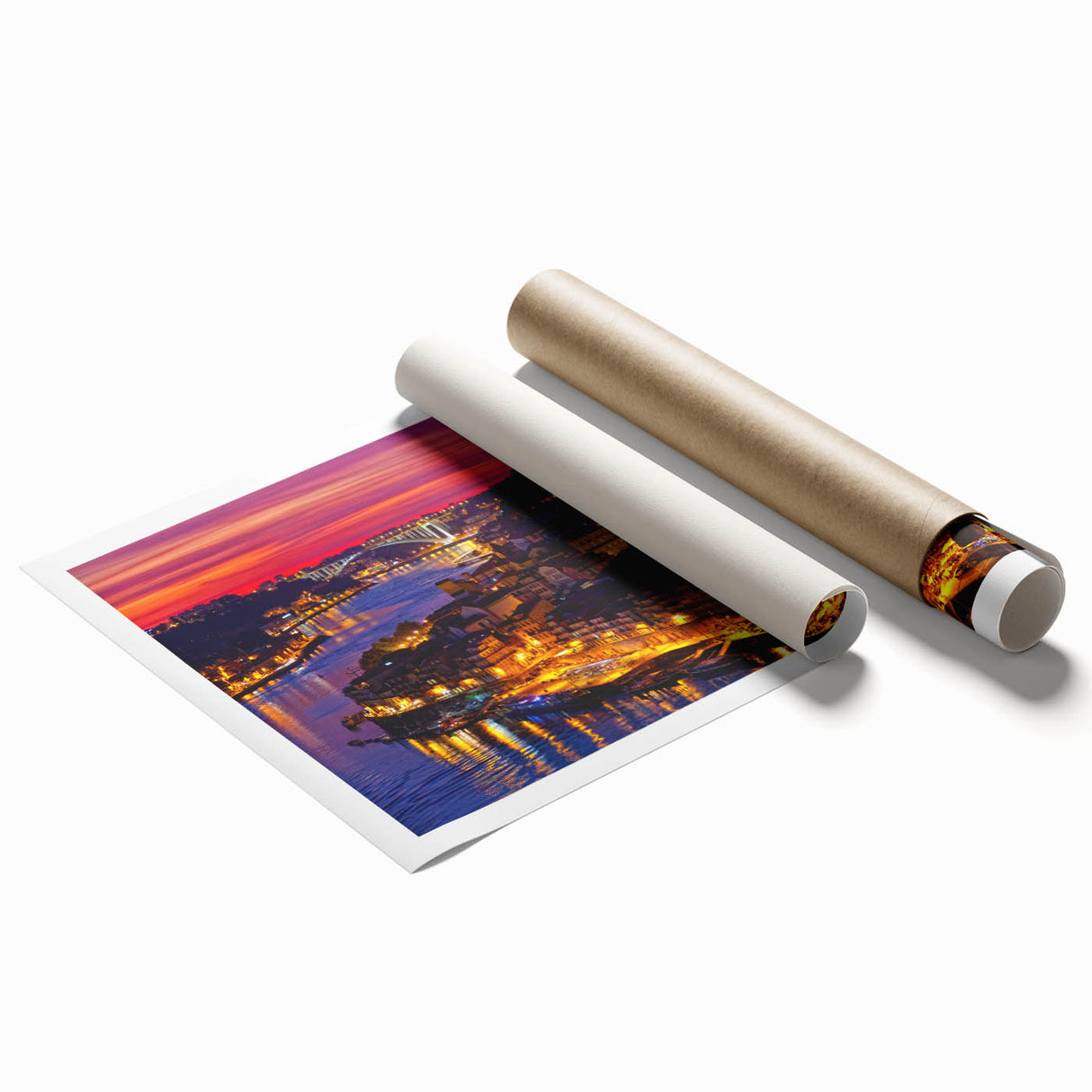 Extra large rolled print of Porto, Portugal with vibrant floral accents, ideal for classy bathroom wall art.