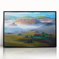 Large abstract wall art depicting a stylized Romanian landscape in muted earth tones, framed in black acrylic.