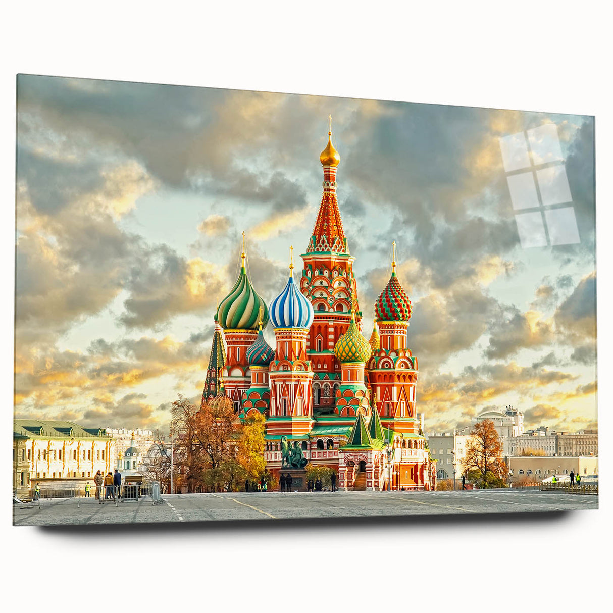 Large abstract depiction of Moscow skyline in muted blue and gray tones on acrylic glass.
