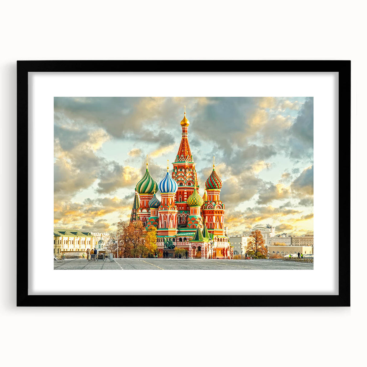 Extra large abstract art print of Moscow skyline in vibrant, textured colors on a black framed canvas.
