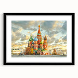 Extra large abstract art print of Moscow skyline in vibrant, textured colors on a black framed canvas.