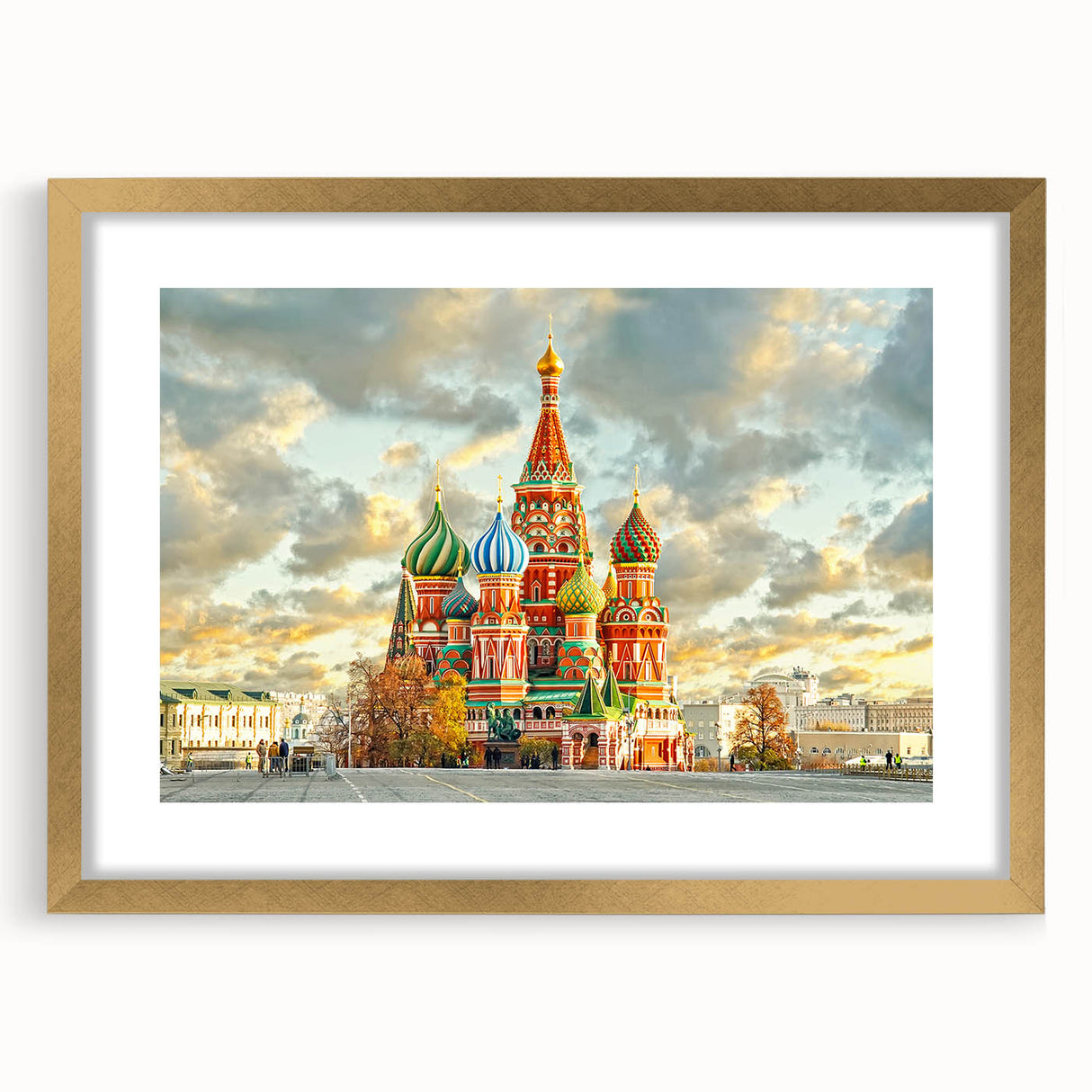 Abstract art print of Moscow skyline in muted gold and gray tones on a framed canvas, suitable for dining room decor.