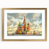 Abstract art print of Moscow skyline in muted gold and gray tones on a framed canvas, suitable for dining room decor.
