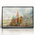 Large abstract wall art of Moscow skyline in muted grays and blacks on acrylic, framed in black.