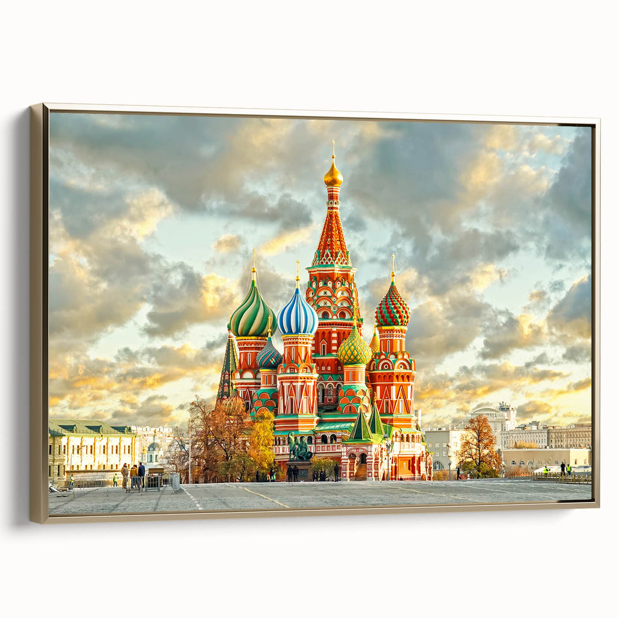 Framed canvas featuring a vintage-style landscape painting of Moscow with a black and gold color scheme.