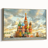 Framed canvas featuring a vintage-style landscape painting of Moscow with a black and gold color scheme.