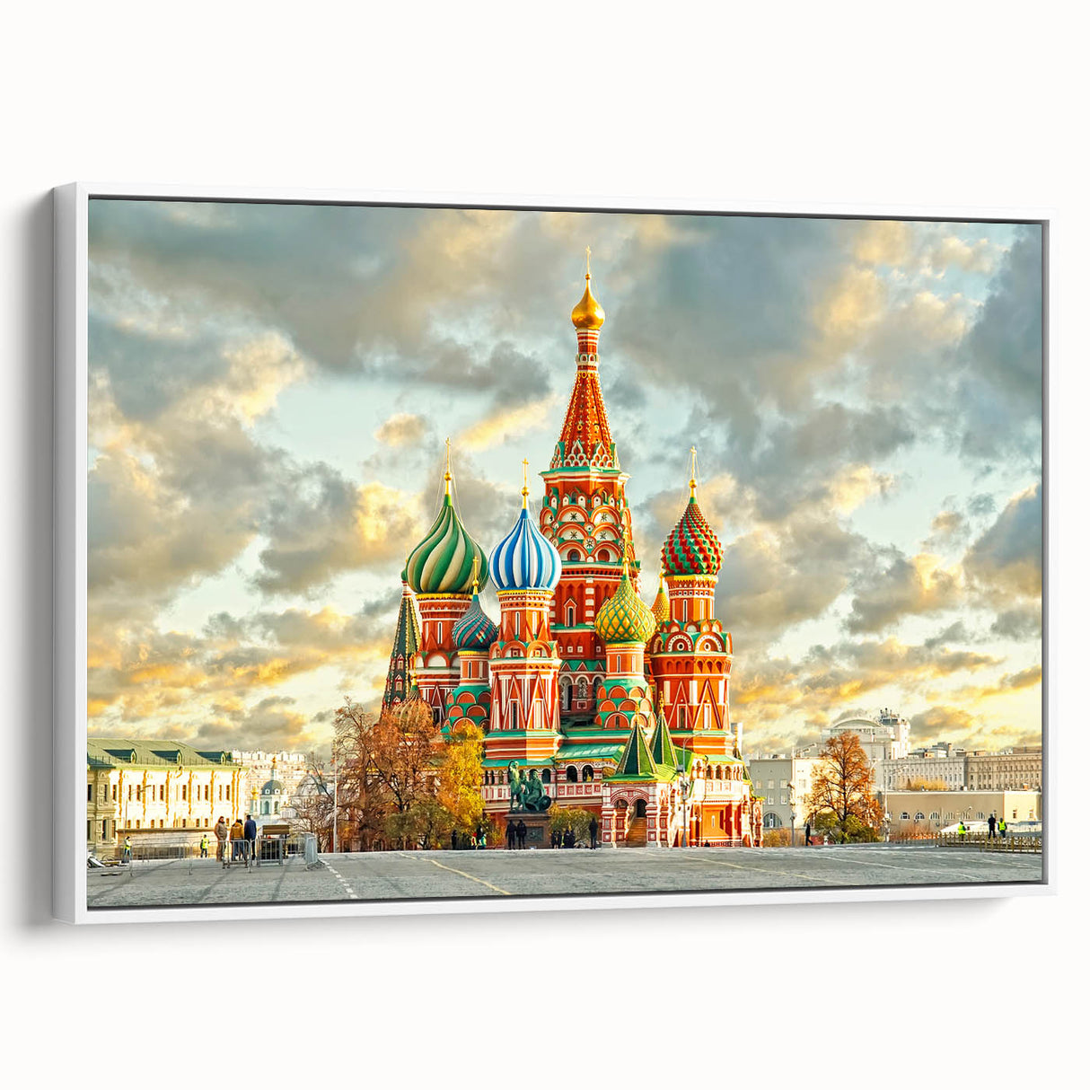 Vintage poster art of Moscow skyline in colorful hues on extra-large framed canvas, ideal for living room decor.
