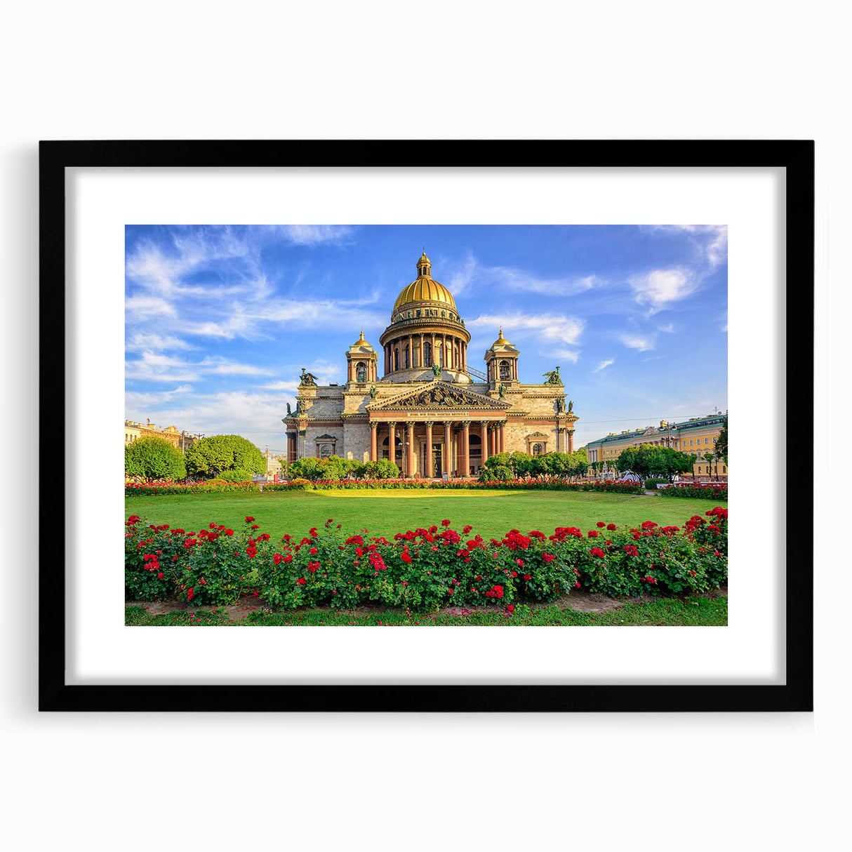 Extra large abstract art print of a colorful, textured European cityscape on a black framed canvas.