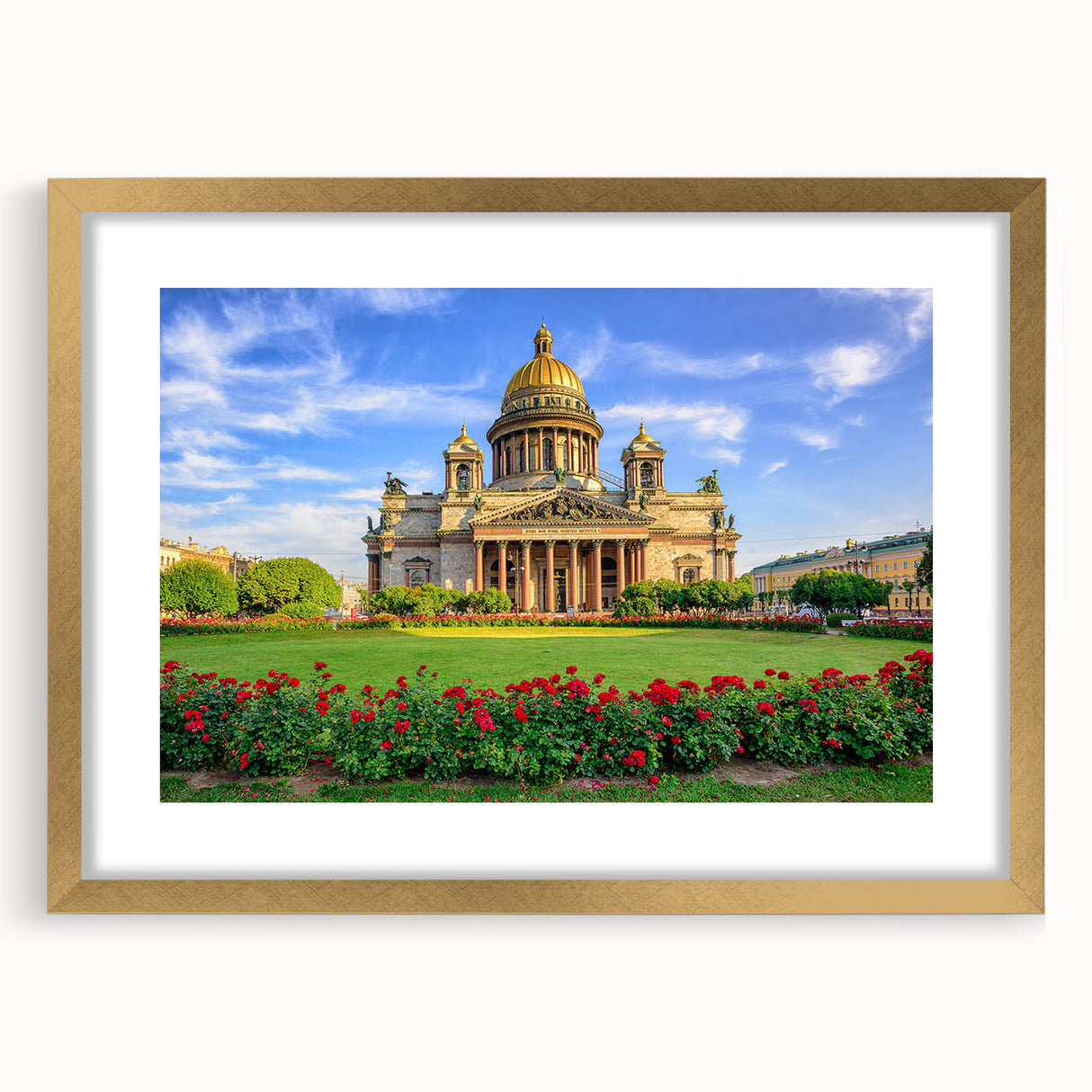 Abstract art print of St. Petersburg scenery in muted gold and blue tones on a framed canvas, ideal for dining room decor.
