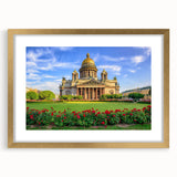 Abstract art print of St. Petersburg scenery in muted gold and blue tones on a framed canvas, ideal for dining room decor.