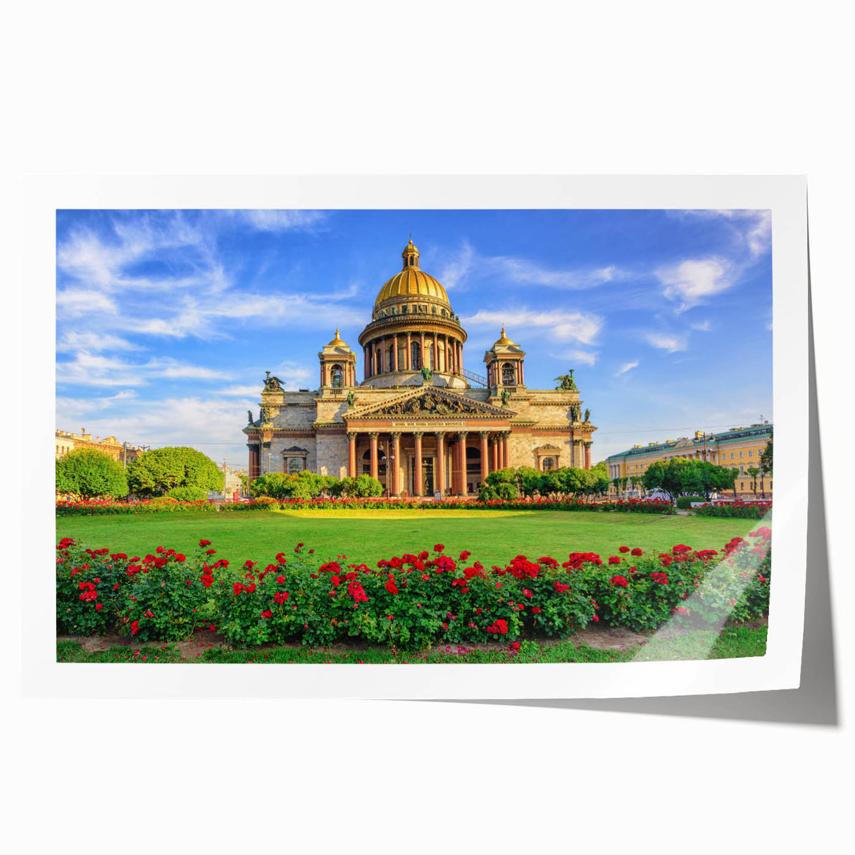 Rolled print of a European cityscape with floral accents in pastel shades, ideal for dining room wall art.