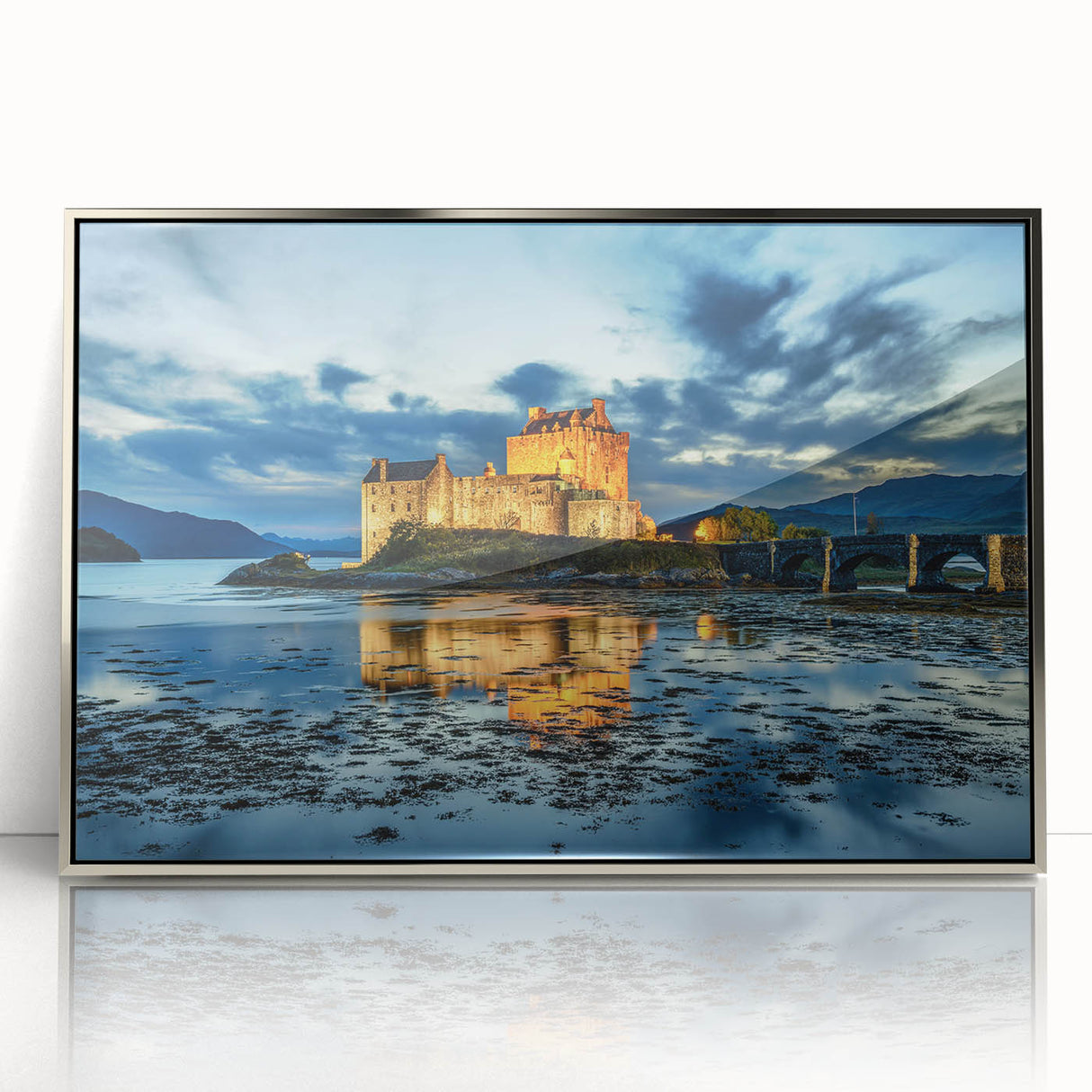 Large art print of a scenic European landscape, featuring muted earth tones on a framed acrylic.