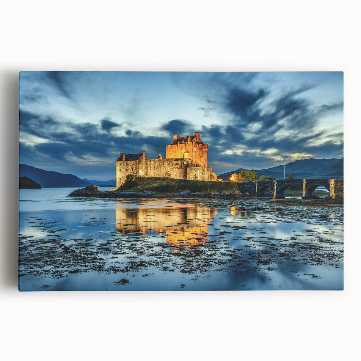 Black and white photograph of a Scottish landscape on stretched canvas, ideal for kitchen wall art.