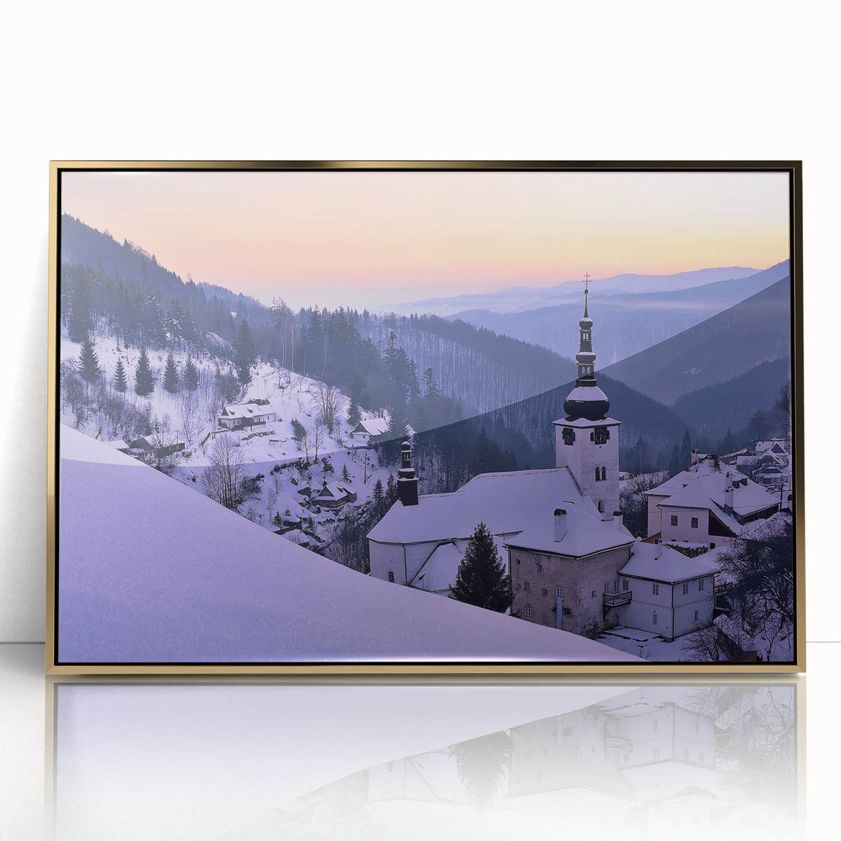 Art deco poster of a European cityscape in muted gold tones on framed acrylic, ideal for modern art wall decor.
