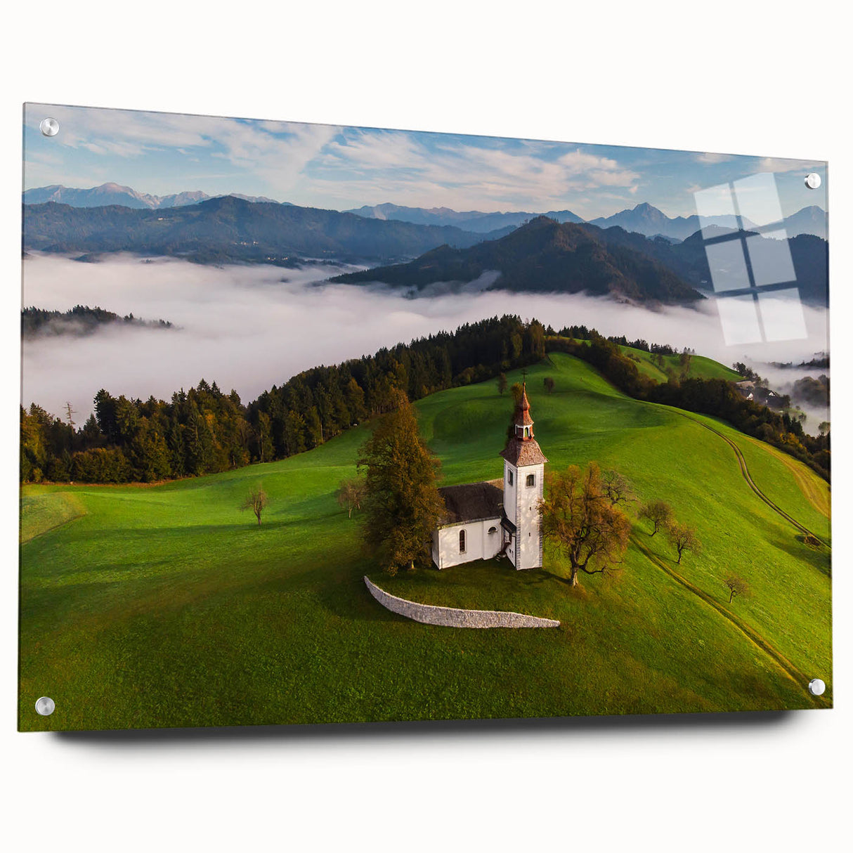 Acrylic print of a Slovenian landscape with vivid green and blue tones, ideal for dining room decor.