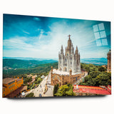 Large abstract depiction of Barcelona on acrylic glass, featuring earthy and blue tones.