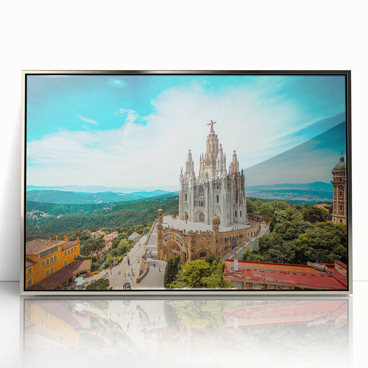 Large art print of Barcelona skyline in muted tones on silver-framed acrylic, ideal for modern art wall decor.