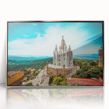 Large art print of Barcelona skyline in muted tones on silver-framed acrylic, ideal for modern art wall decor.