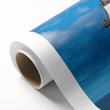 Art Deco poster of a Spanish Canary Islands scenery in muted blue and green tones on rolled canvas.