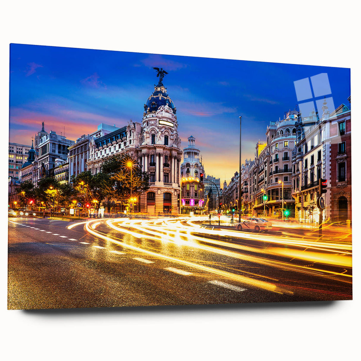 Large abstract wall art of Madrid skyline in muted earth tones on acrylic glass, ideal for bedroom or dining room decor.