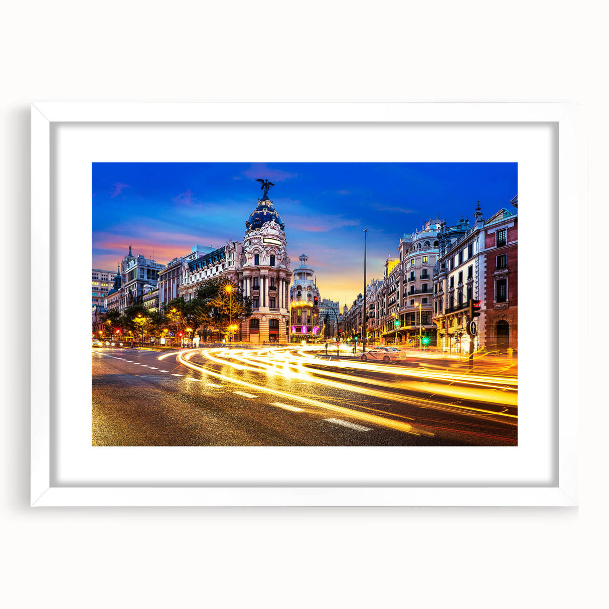 Abstract art print of Madrid skyline in muted gray and blue tones, framed with a white mat, ideal for dining room decor.