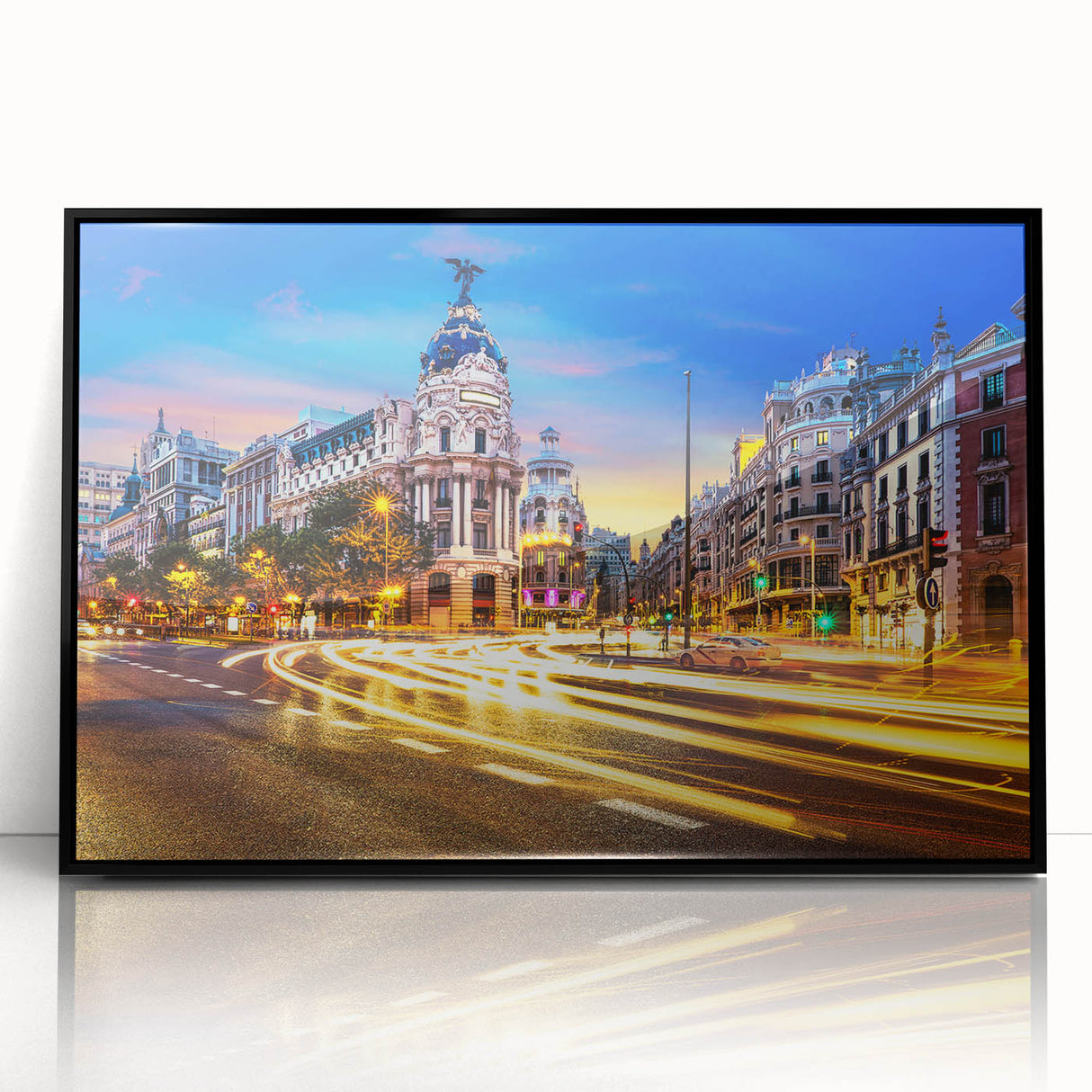 Large abstract wall art featuring a minimalist Madrid cityscape in muted gray, framed in black acrylic.