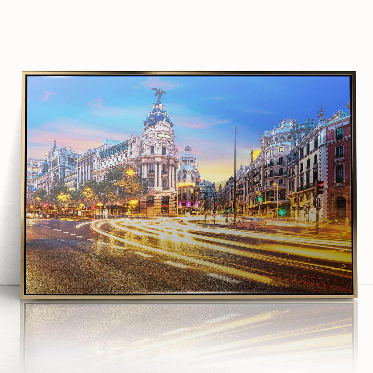 Large art print of Madrid scenery in gold frame, acrylic, with mid-century modernist style, suited for modern decor.