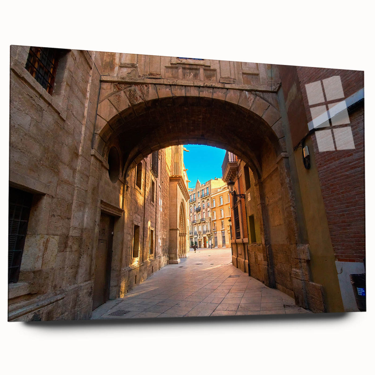 Large acrylic print of an abstract Valencia cityscape in muted earth tones, ideal for bedroom or dining room art.