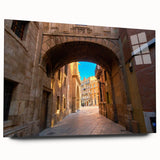 Large acrylic print of an abstract Valencia cityscape in muted earth tones, ideal for bedroom or dining room art.