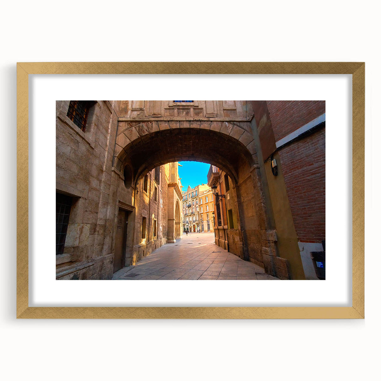 Extra large abstract art print of Valencia scenery in textured gold frame, ideal for living room decor.